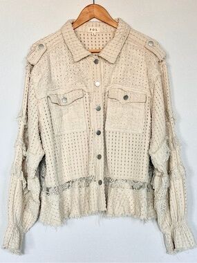 POL Mixed Media Lace Shacket Jacket Cream Boho Crochet Flared Sleeve Large